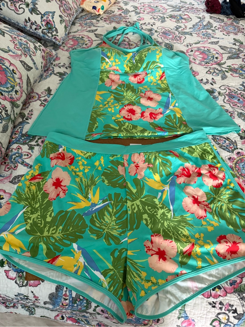 Denim&Co Turquoise Floral Tankini Top and Swim Skort